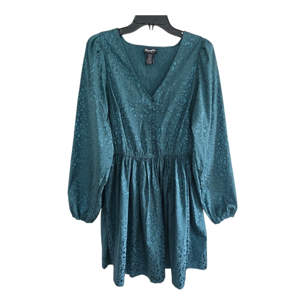 Wrangler Retro Skater Dress Sz L Aqua Green Popover Long Sleeve Fit Flare Y2k